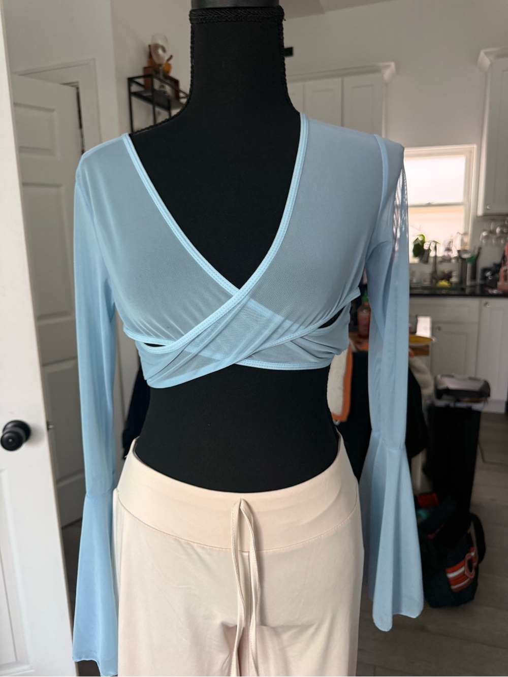 ROMWE Light Blue Long-Sleeve Wrap Crop Top